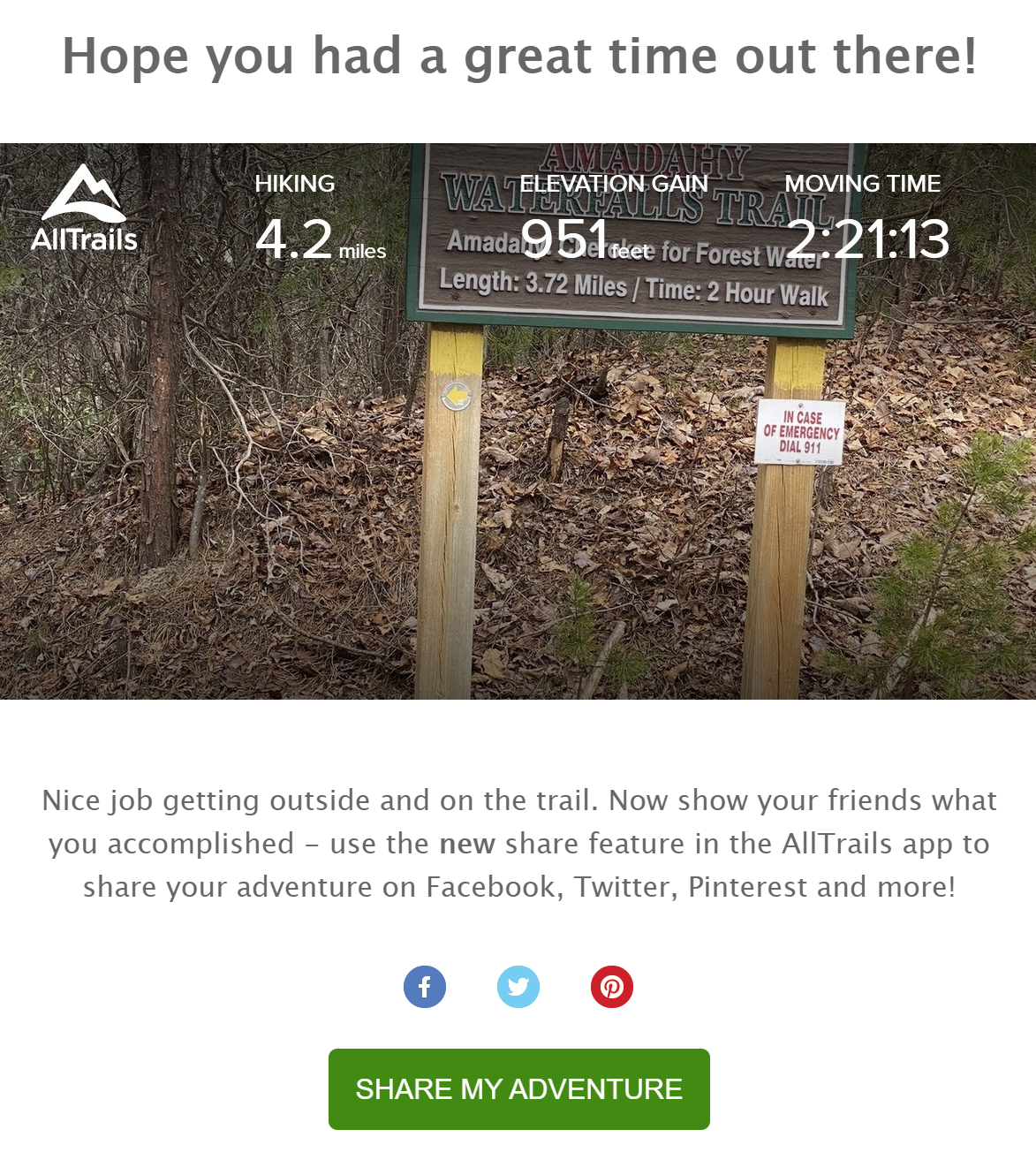 An email from AllTrails summarizing my walk while using the app. They also ask me to share my experience on social media. 