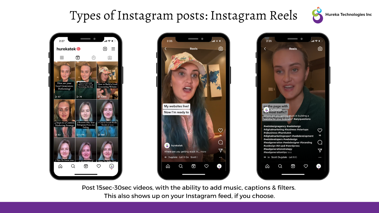 Illustration showing Instagram Reels, how they look on the feed, how they look in Reels section and what Instagram Reels description looks like